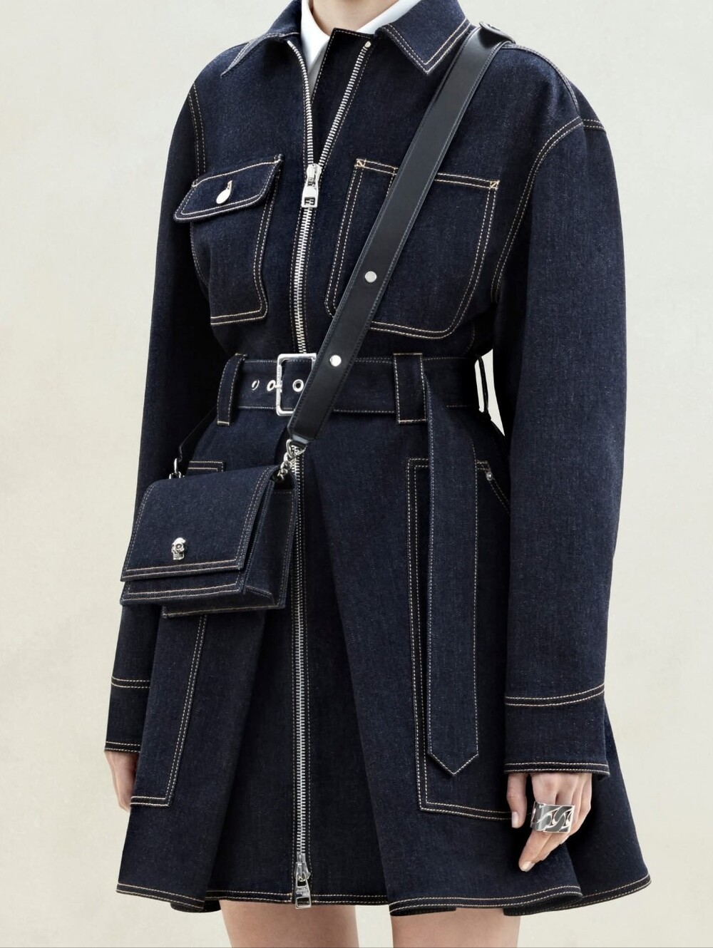 Alexander McQueen 40 S M Utility Long Sleeve Denim Belted Shirt Dress Jacket Blu